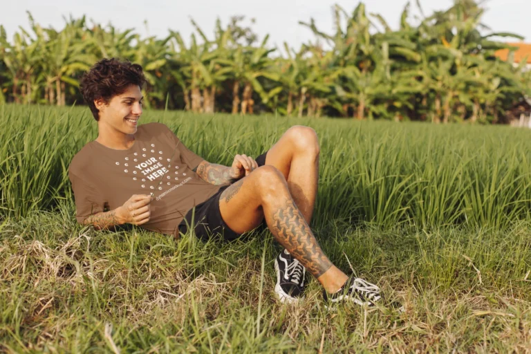 Man Wearing Brown T-shirt Mockup Front View Template
