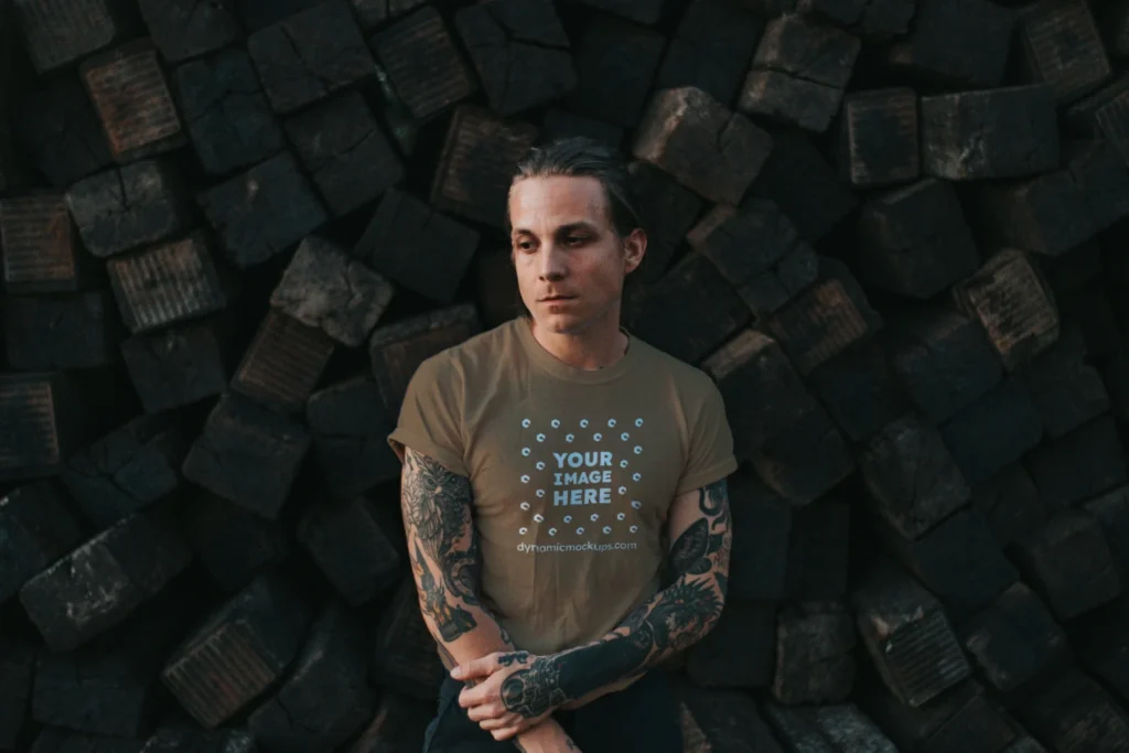 Man Wearing Brown T-shirt Mockup Front View Template