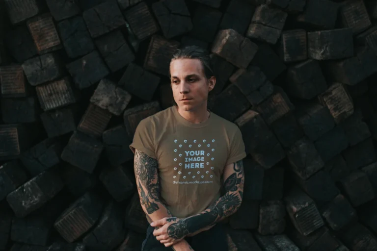 Man Wearing Brown T-shirt Mockup Front View Template
