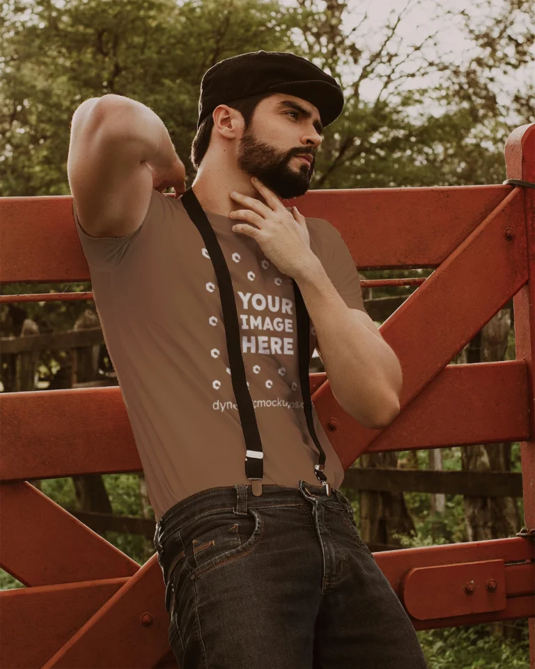 Man Wearing Brown T-shirt Mockup Front View Template