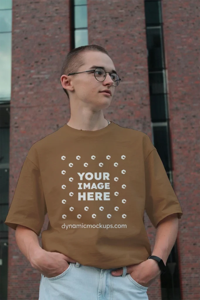 Man Wearing Brown T-shirt Mockup Front View Template