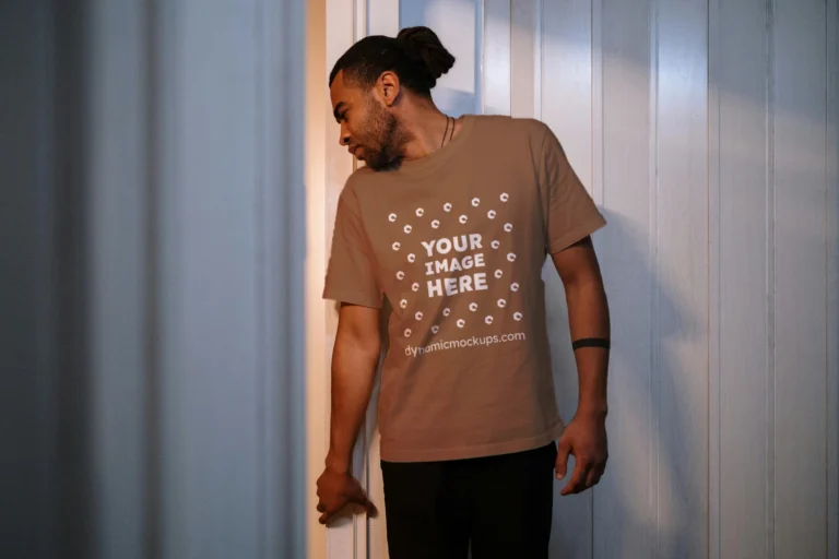 Man Wearing Brown T-shirt Mockup Front View Template