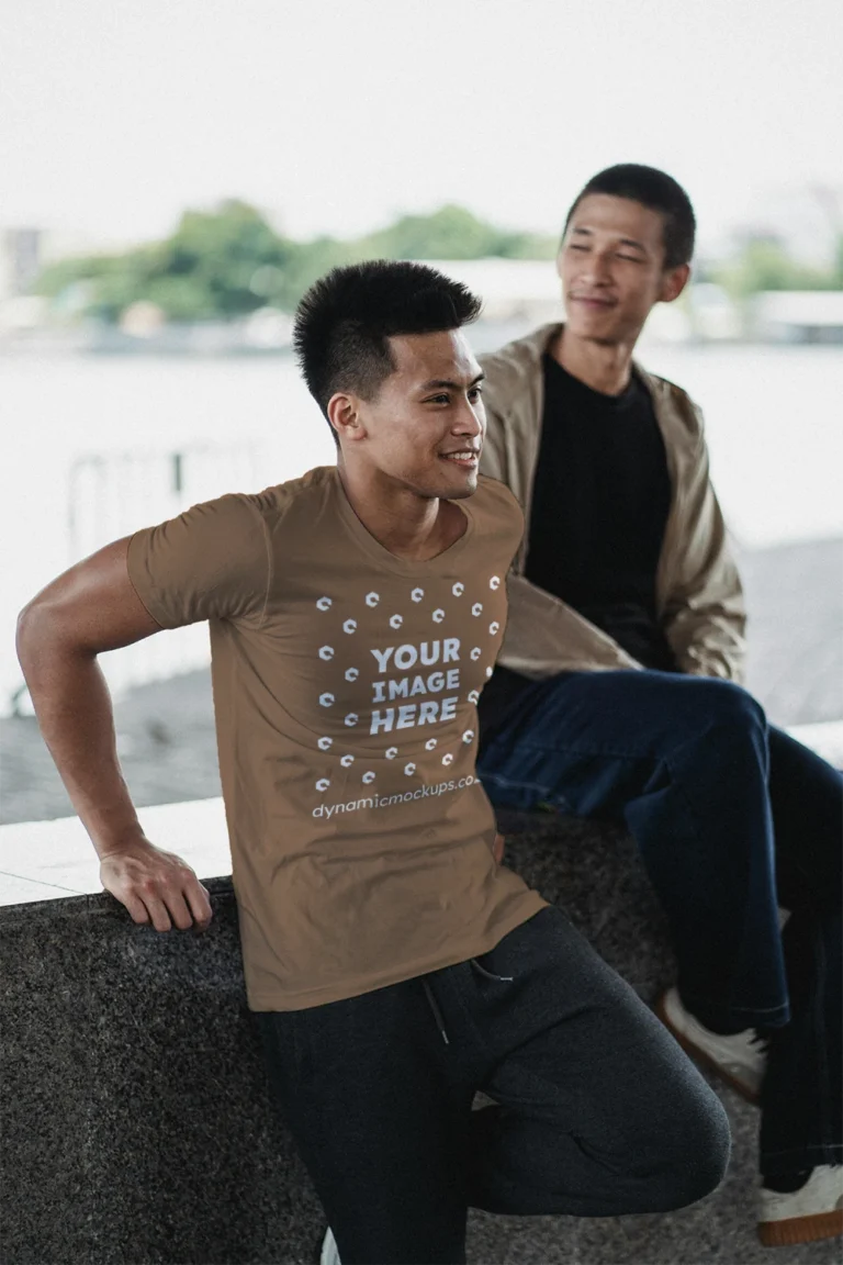Man Wearing Brown T-shirt Mockup Front View Template