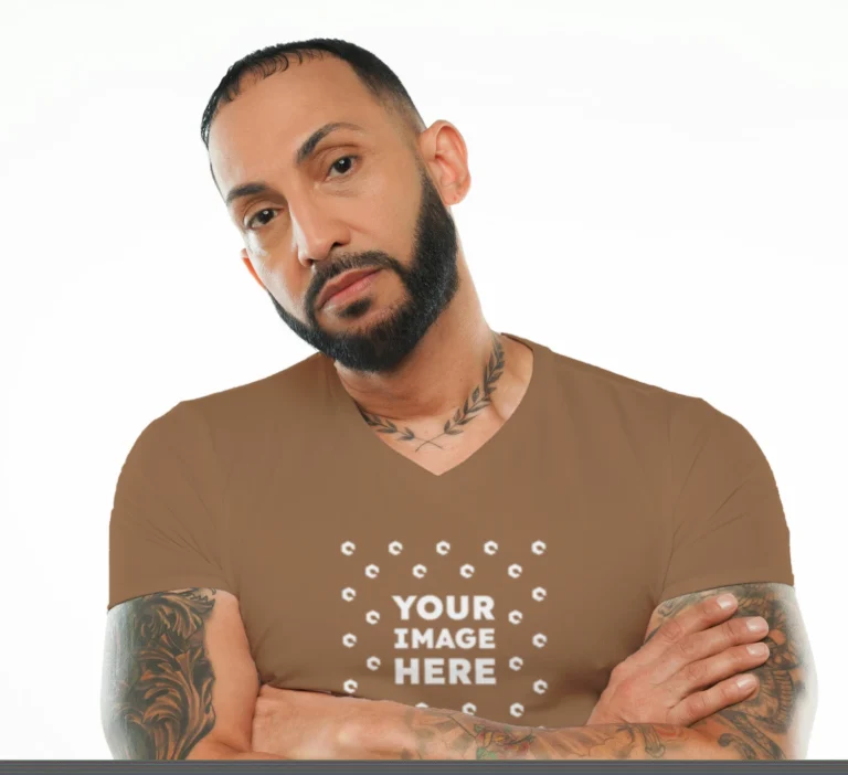 Man Wearing Brown T-shirt Mockup Front View Template
