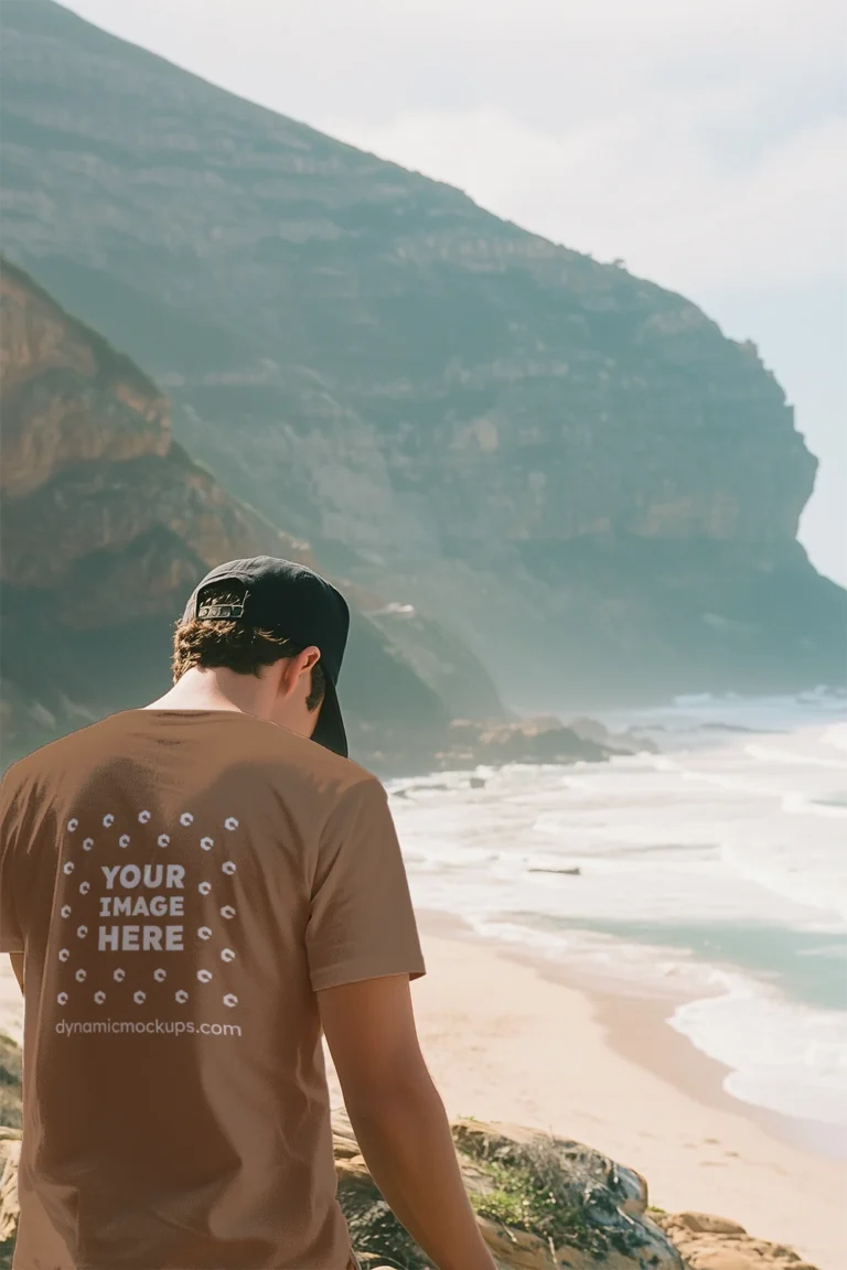 Man Wearing Brown T-shirt Mockup Back View Template