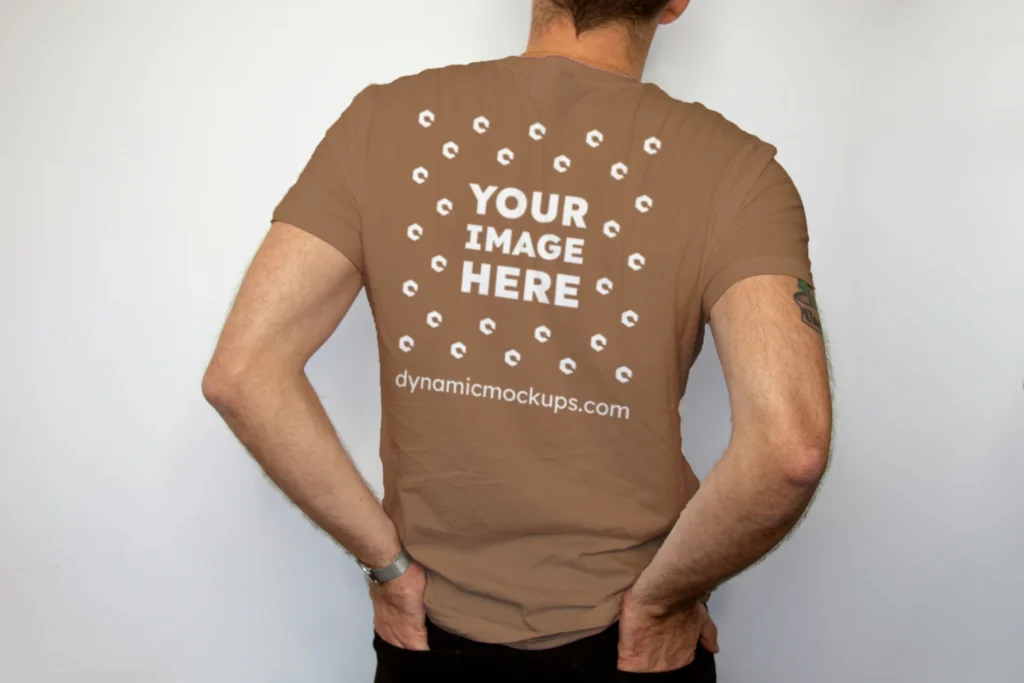 Man Wearing Brown T-shirt Mockup Back View Template