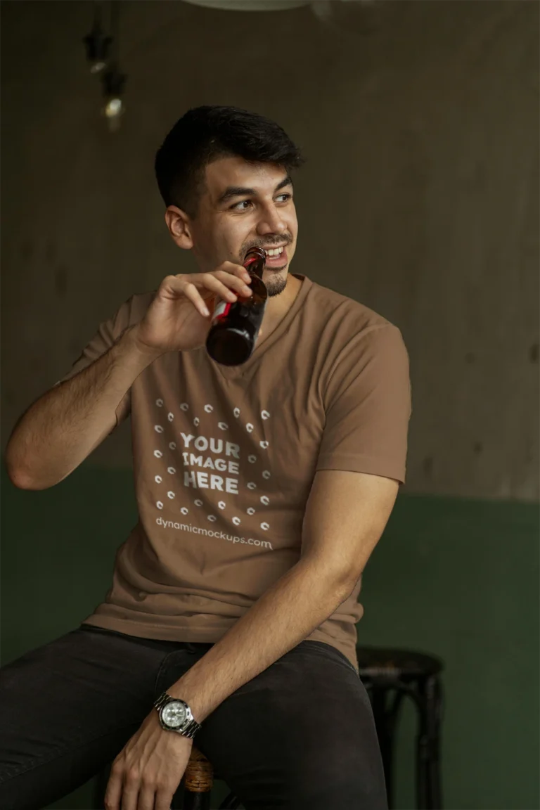 Man Wearing Brown T-shirt Mockup Front View Template