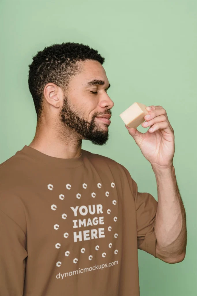Man Wearing Brown T-shirt Mockup Front View Template
