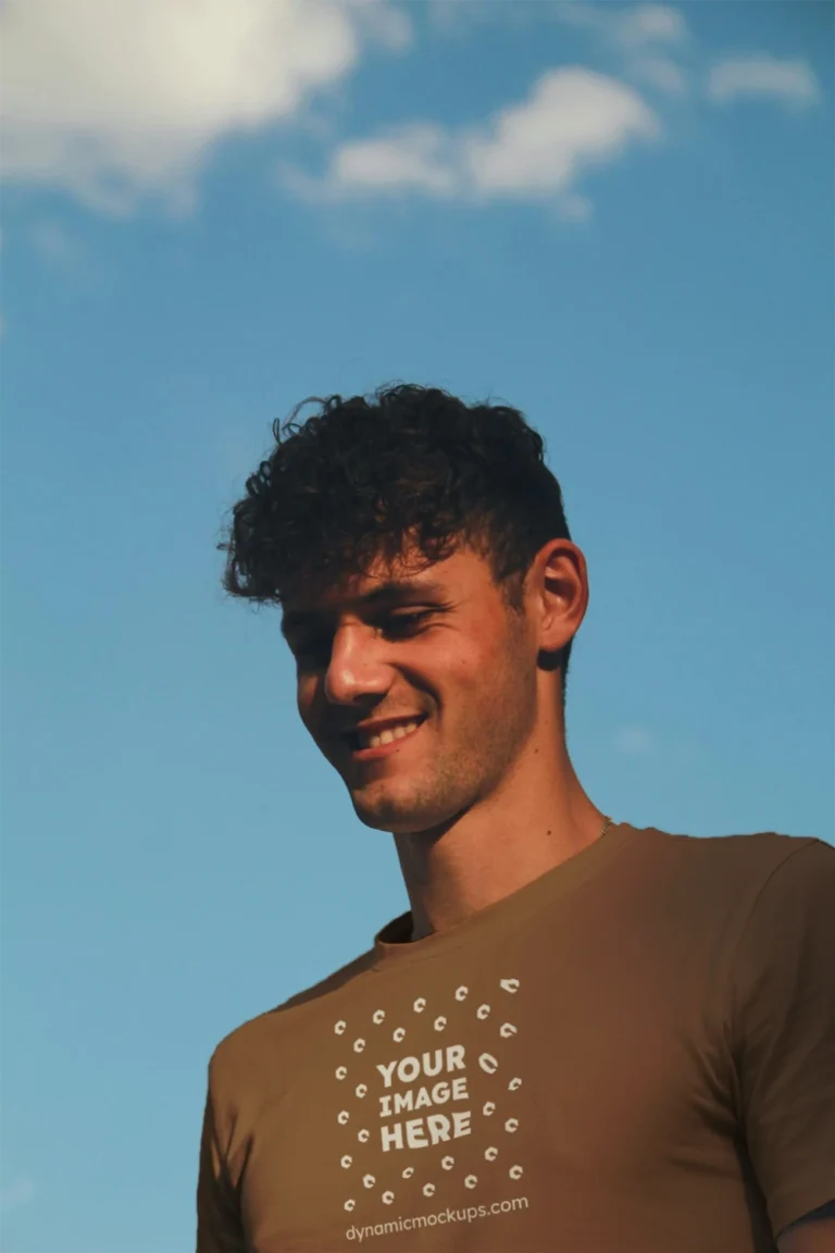 Man Wearing Brown T-shirt Mockup Front View Template