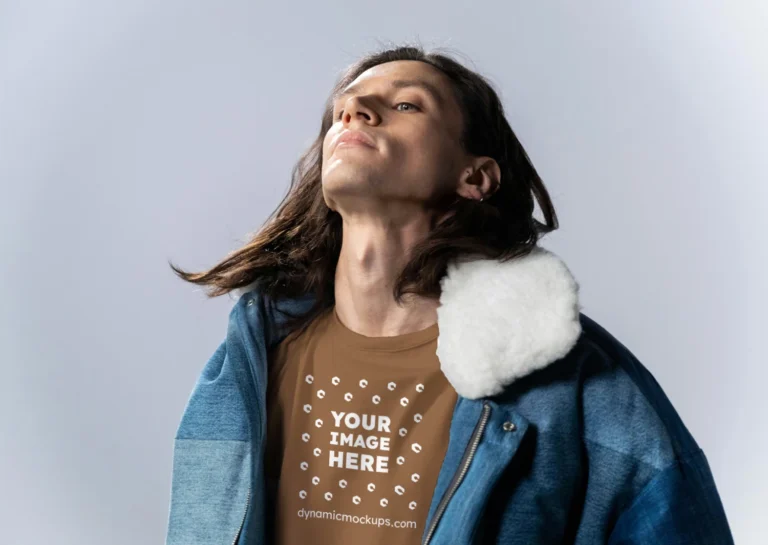 Man Wearing Brown T-shirt Mockup Front View Template