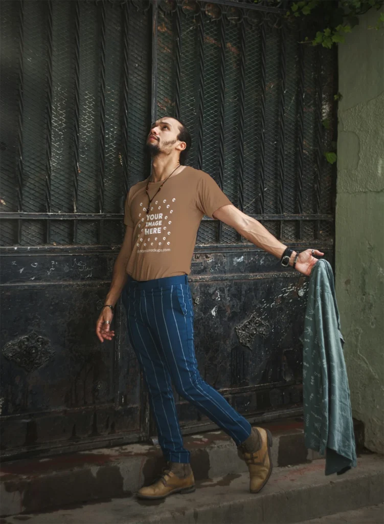 Man Wearing Brown T-shirt Mockup Front View Template