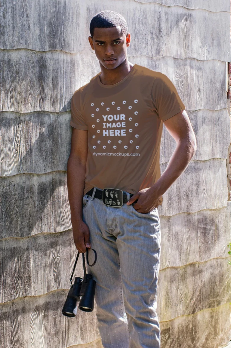 Man Wearing Brown T-shirt Mockup Front View Template