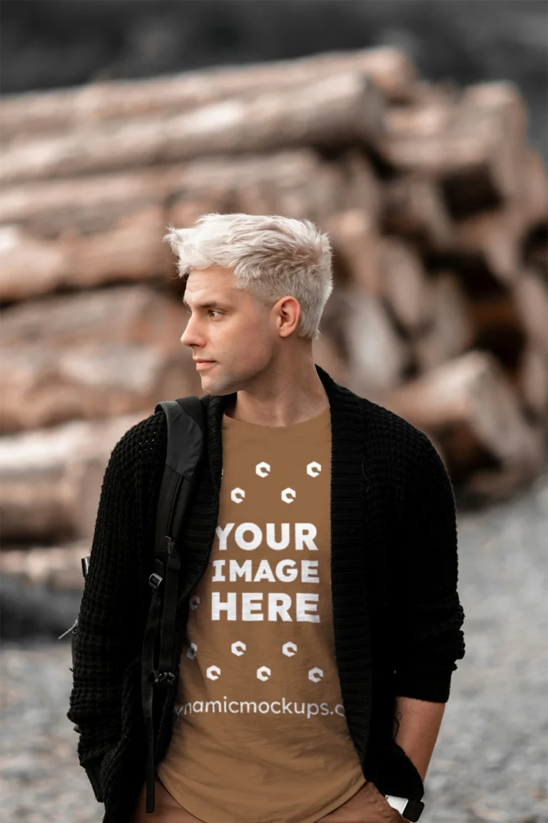 Man Wearing Brown T-shirt Mockup Front View Template