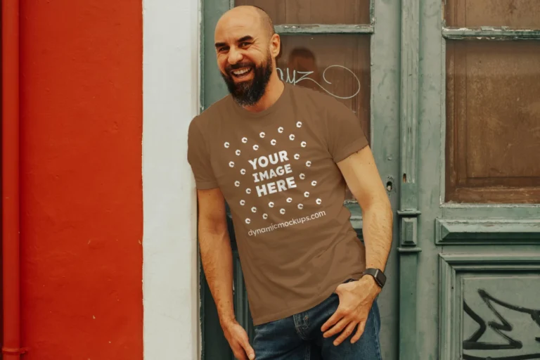 Man Wearing Brown T-shirt Mockup Front View Template