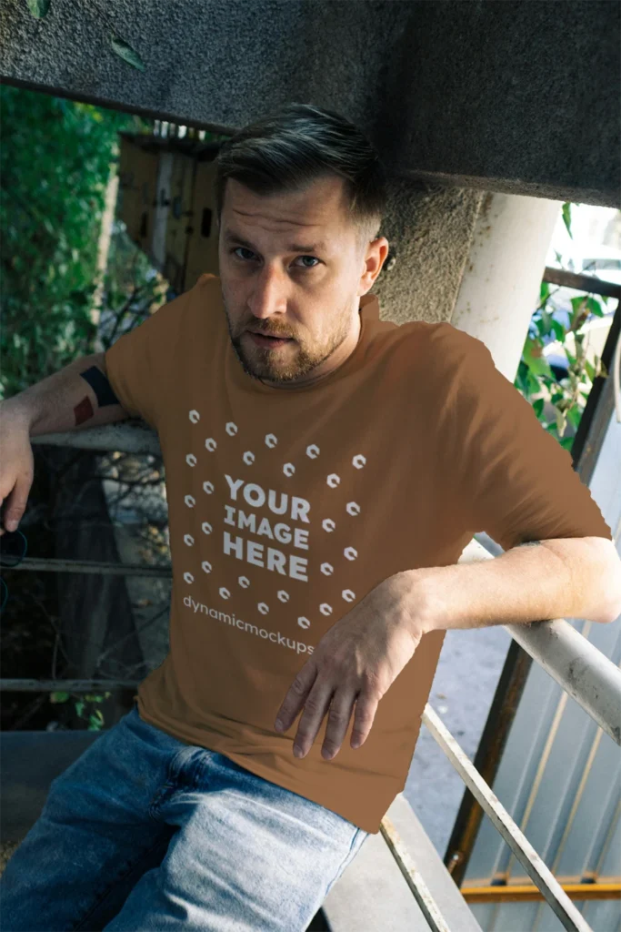 Man Wearing Brown T-shirt Mockup Front View Template