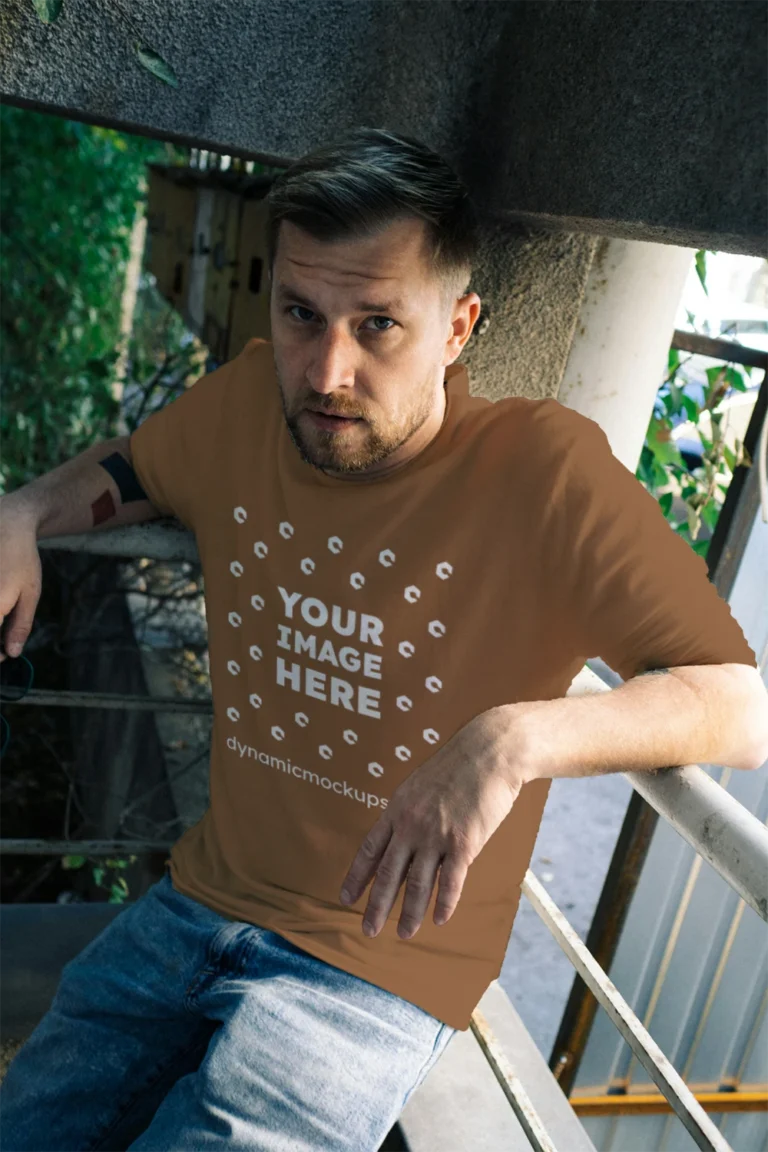 Man Wearing Brown T-shirt Mockup Front View Template