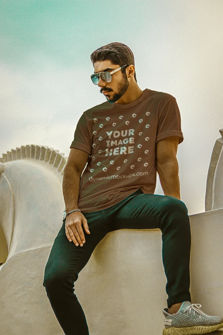 Man Wearing Brown T-shirt Mockup Front View Template