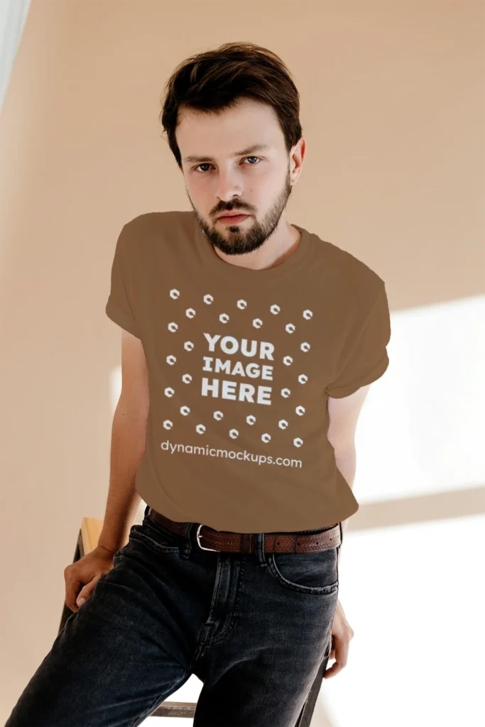 Man Wearing Brown T-shirt Mockup Front View Template