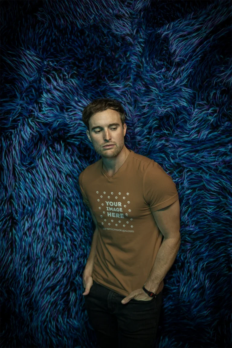 Man Wearing Brown T-shirt Mockup Front View Template