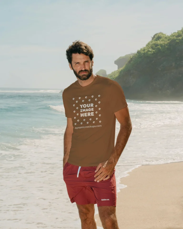 Man Wearing Brown T-shirt Mockup Front View Template