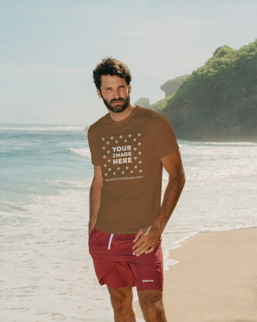 Man Wearing Brown T-shirt Mockup Front View Template