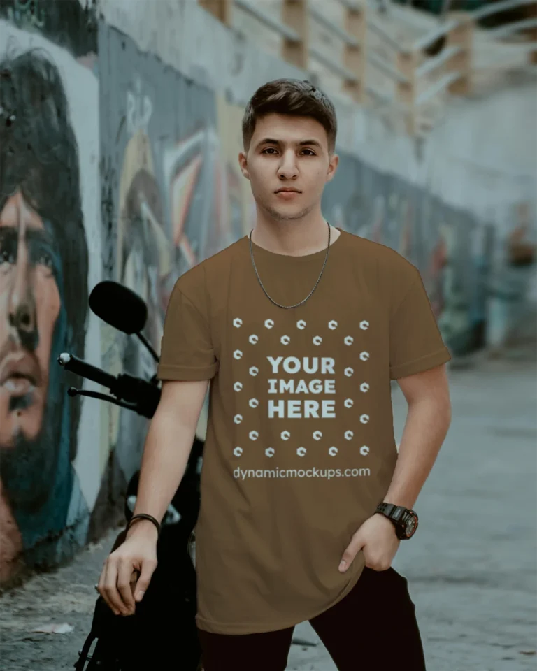 Man Wearing Brown T-shirt Mockup Front View Template