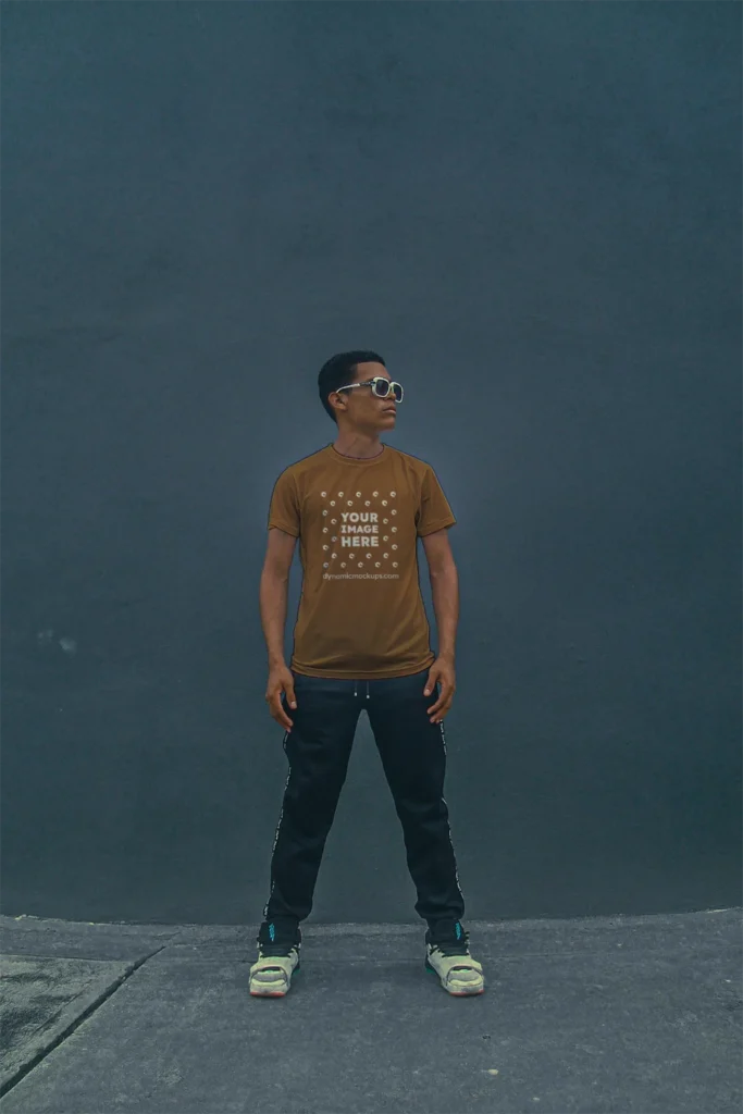 Man Wearing Brown T-shirt Mockup Front View Template