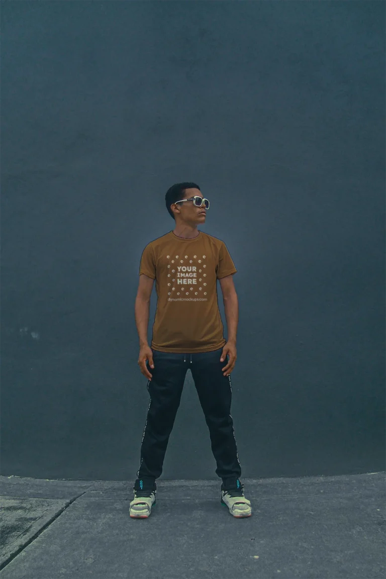 Man Wearing Brown T-shirt Mockup Front View Template