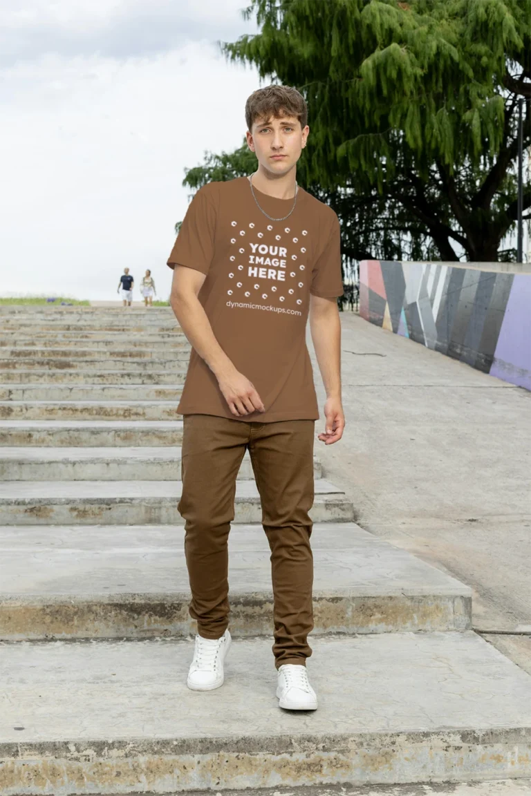 Man Wearing Brown T-shirt Mockup Front View Template