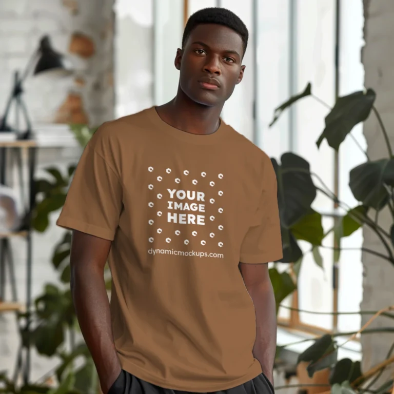 Man Wearing Brown T-shirt Mockup Front View Template