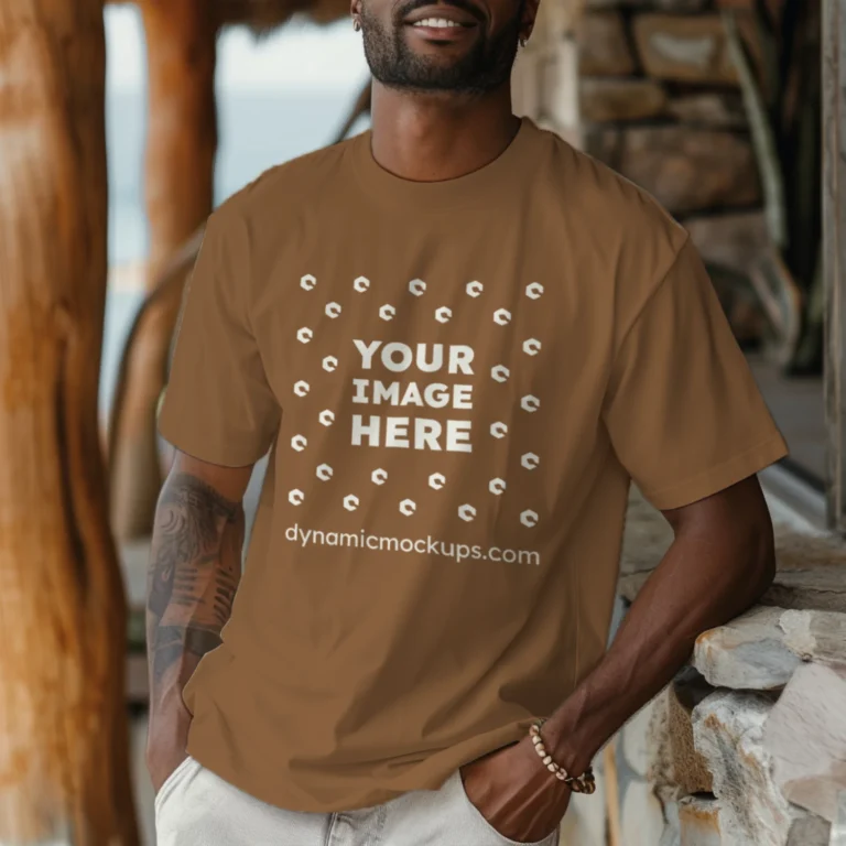 Man Wearing Brown T-shirt Mockup Front View Template