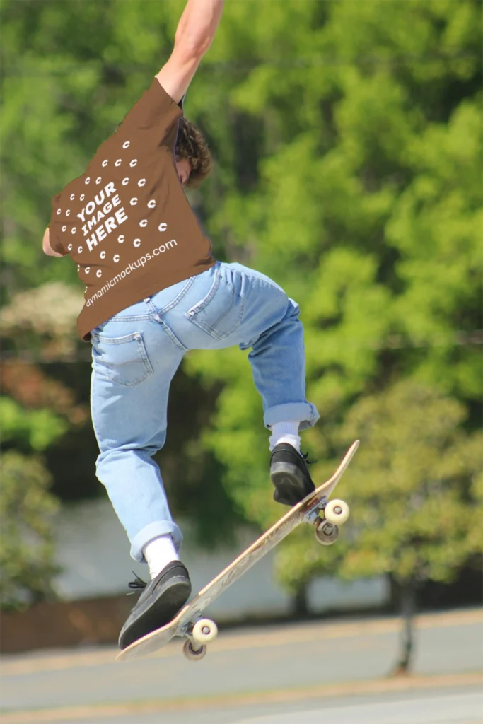 Man Wearing Brown T-shirt Mockup Back View Template