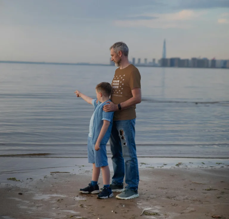 Man Wearing Brown T-shirt Mockup Front View Template