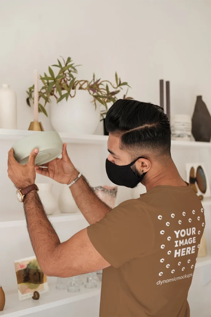 Man Wearing Brown T-shirt Mockup Back View Template