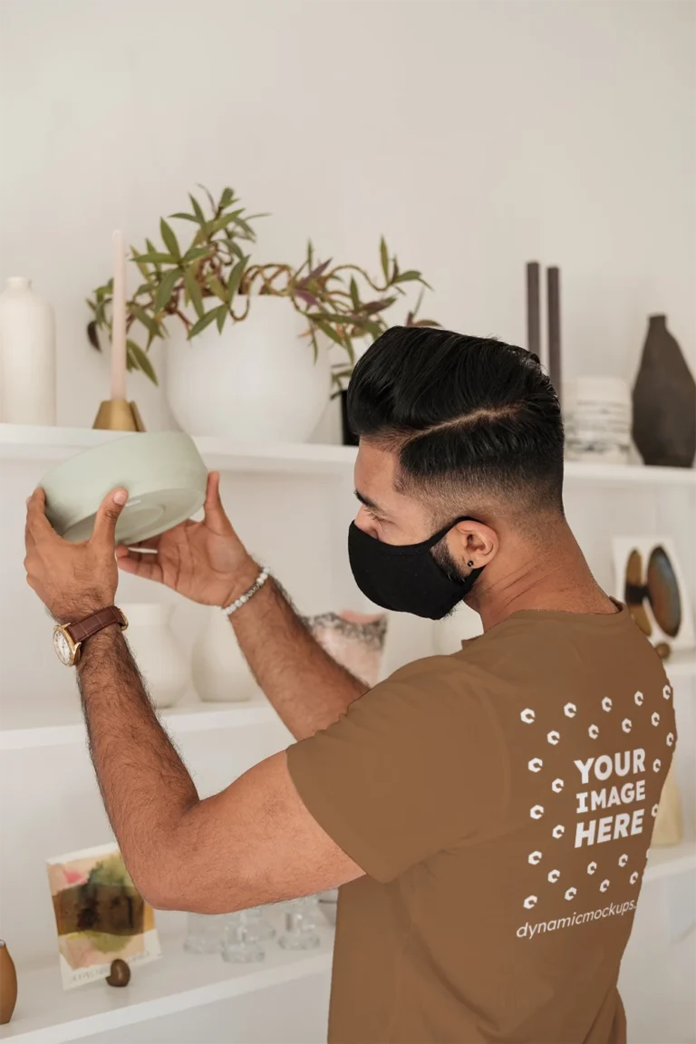 Man Wearing Brown T-shirt Mockup Back View Template
