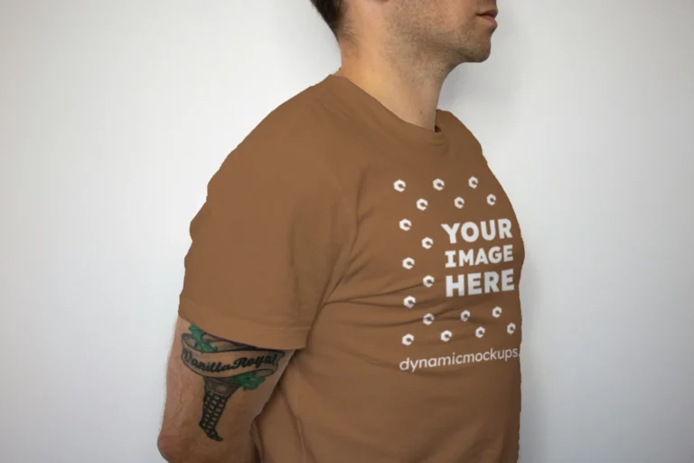 Man Wearing Brown T-shirt Mockup Front View Template