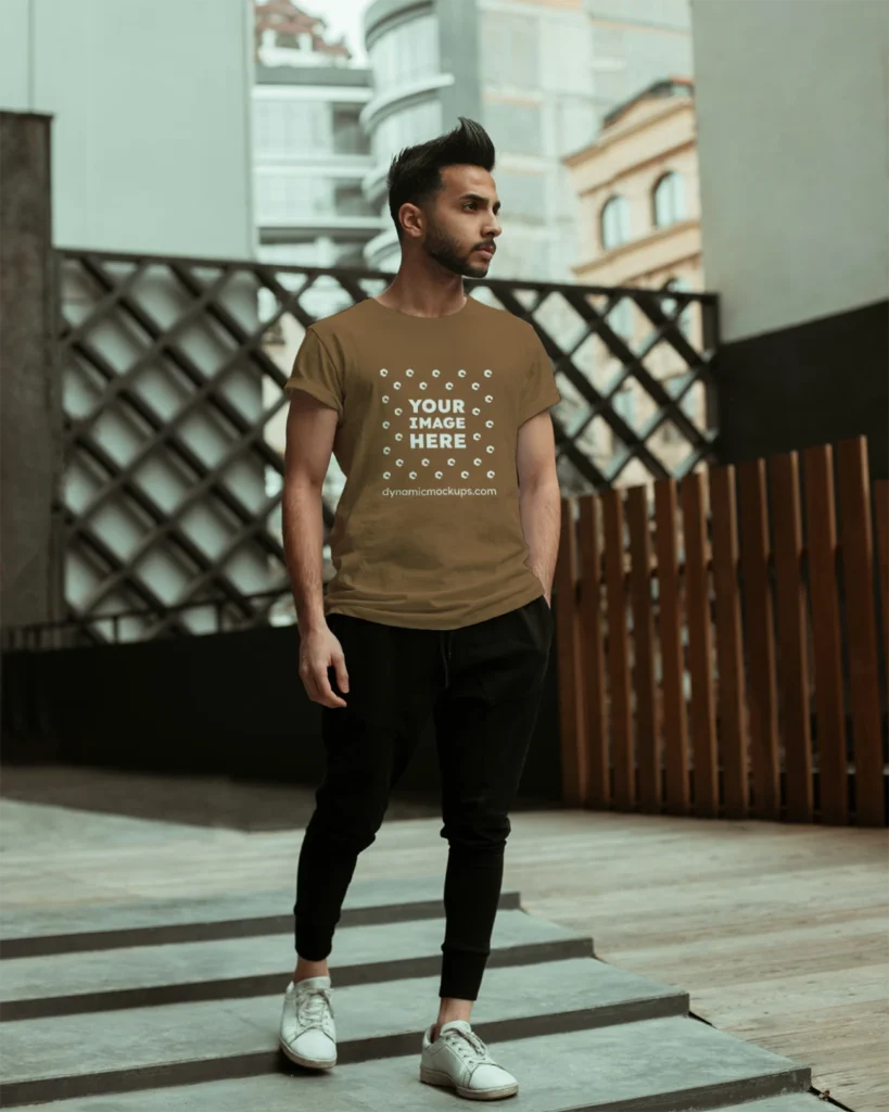 Man Wearing Brown T-shirt Mockup Front View Template
