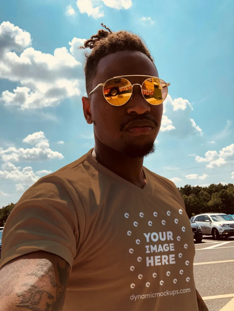 Man Wearing Brown T-shirt Mockup Front View Template