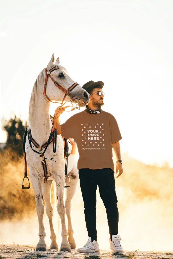 Man Wearing Brown T-shirt Mockup Front View Template