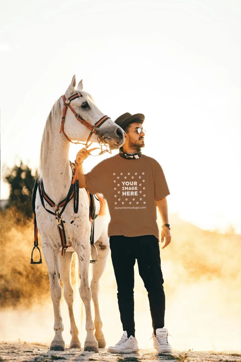 Man Wearing Brown T-shirt Mockup Front View Template