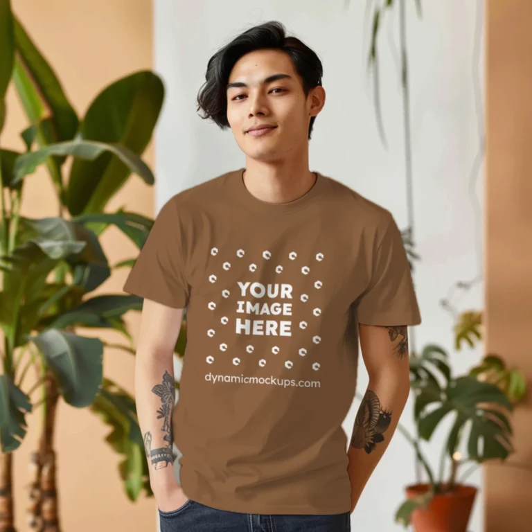 Man Wearing Brown T-shirt Mockup Front View Template
