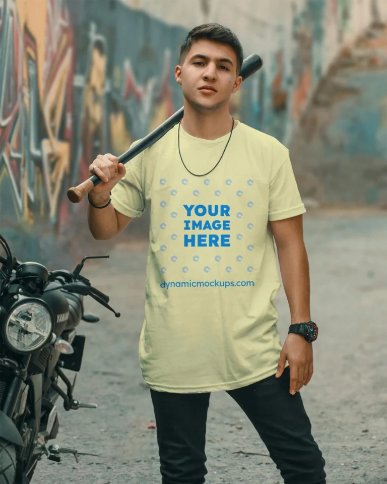 Man Wearing Cream T-shirt Mockup Front View Template