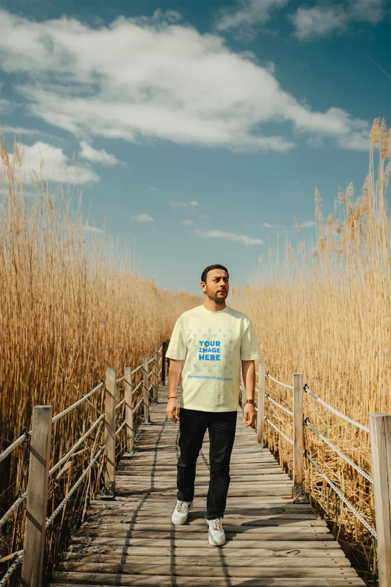 Man Wearing Cream T-shirt Mockup Front View Template