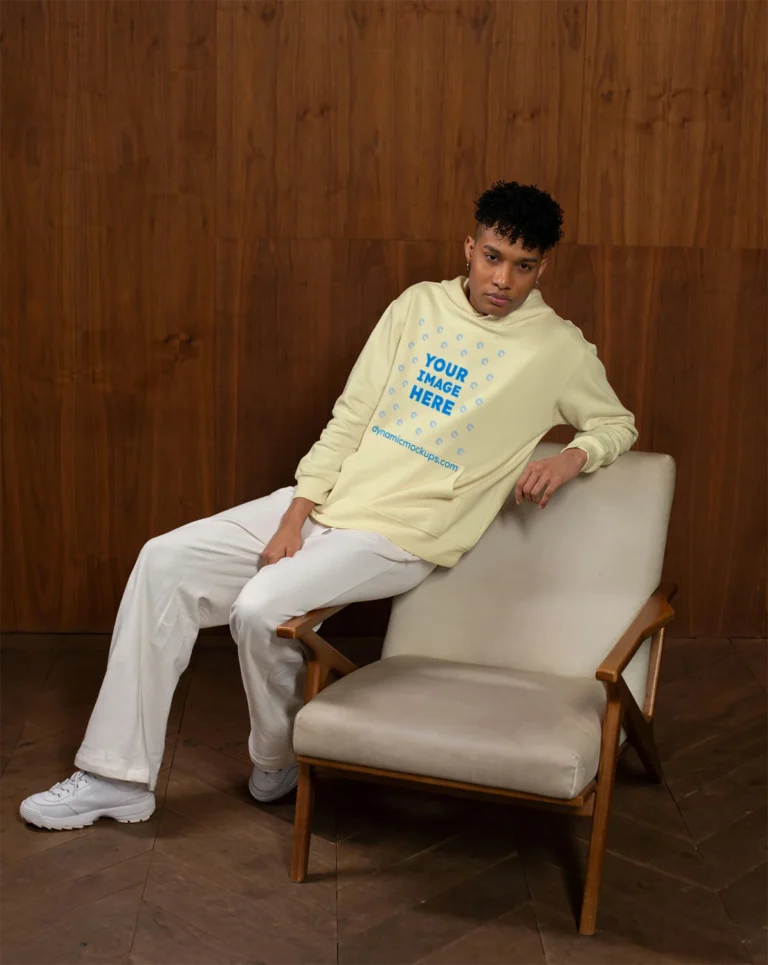 Man Wearing Cream Hoodie Mockup Front View Template