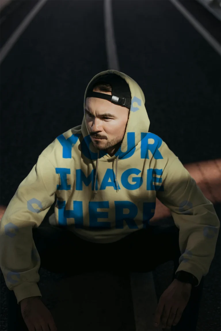 Man Wearing Cream Hoodie Mockup Front View Template