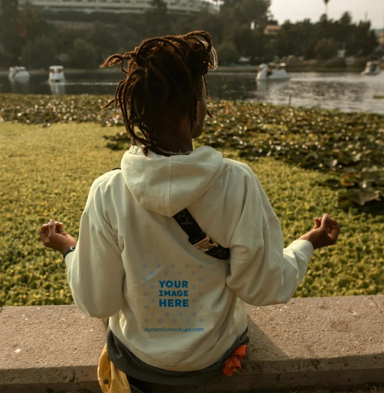 Man Wearing Cream Hoodie Mockup Back View Template