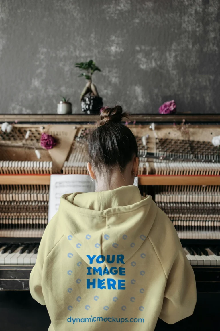 Man Wearing Cream Hoodie Mockup Back View Template
