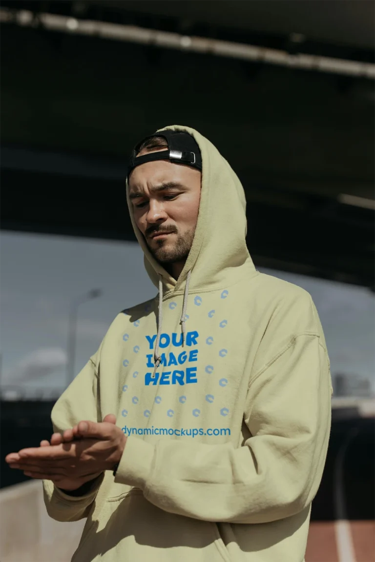 Man Wearing Cream Hoodie Mockup Front View Template