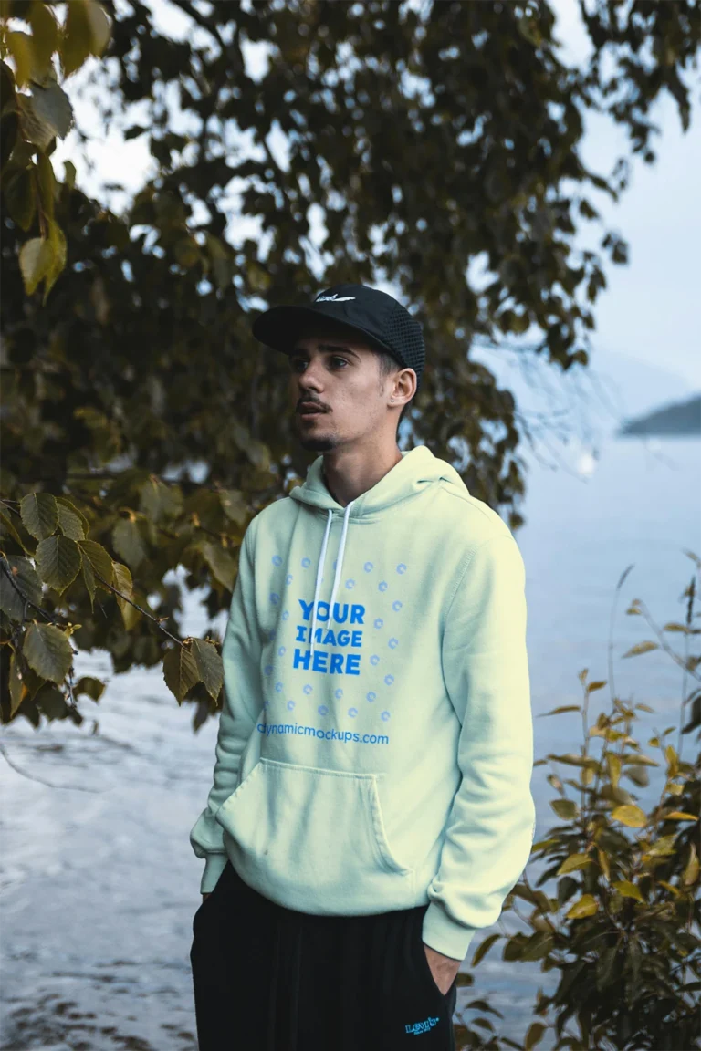 Man Wearing Cream Hoodie Mockup Front View Template