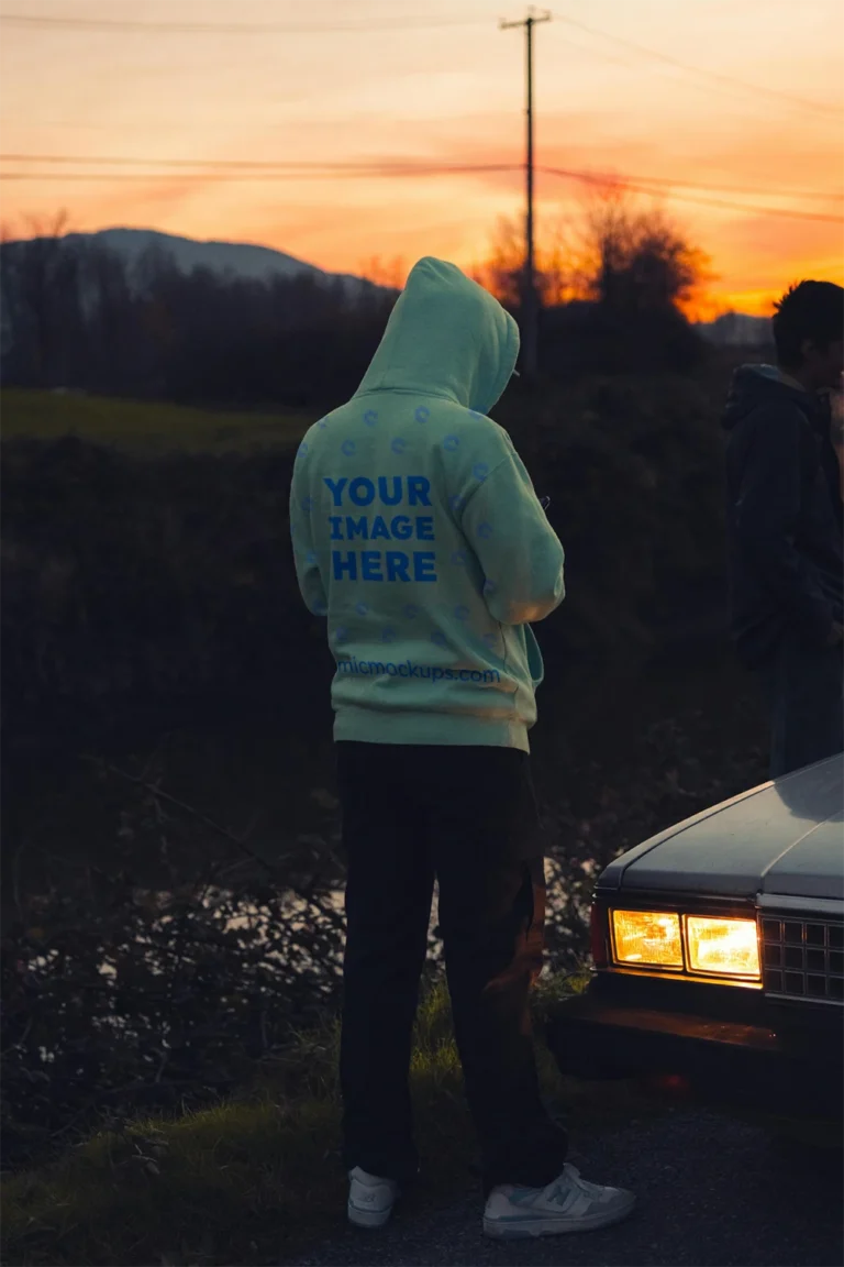 Man Wearing Cream Hoodie Mockup Back View Template